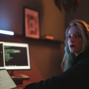 A woman with colorful hair works intently at her computer in a dimly lit room, coding on a monitor.