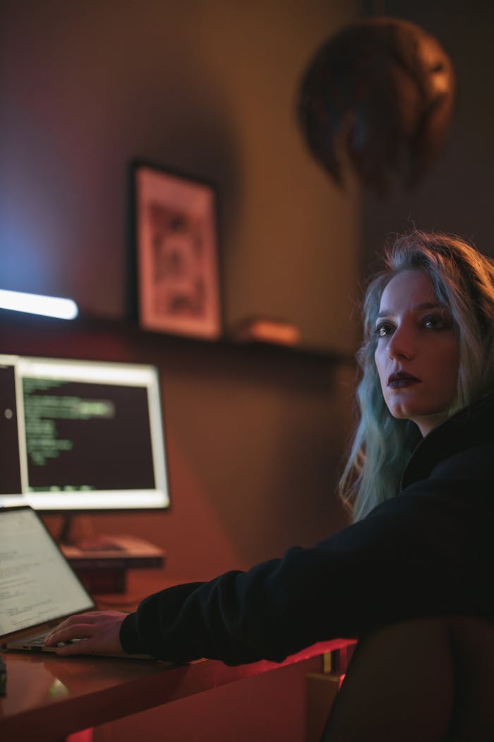 A woman with colorful hair works intently at her computer in a dimly lit room, coding on a monitor.